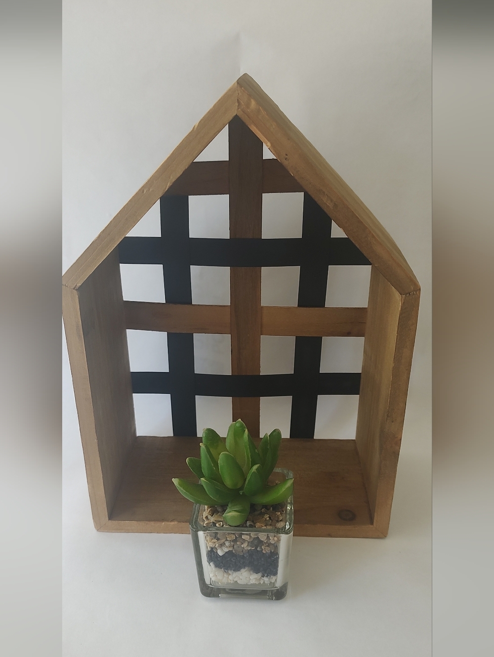 Rustic Wood House Wall Shelf with Black Lattice Back